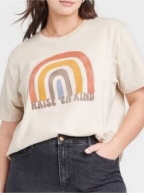 Target Boho Trendy Minimalist Beige Graphic Tee w/ Rainbow 'Raise 'Em Kind'